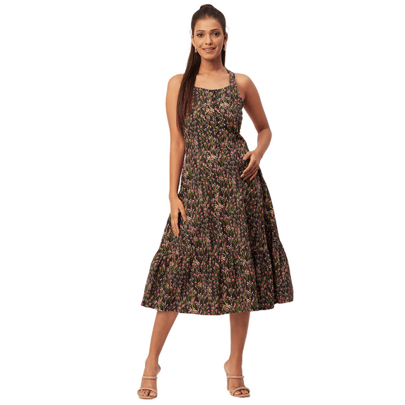 Moomaya Printed Tiered Dress With Criss-Cross Back, Resort Wear Short Dress For Women