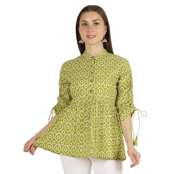 Moomaya Printed Top 3/4 Sleeve Mandarin Collar Pleated Fit & Flare Short Tunic For Women