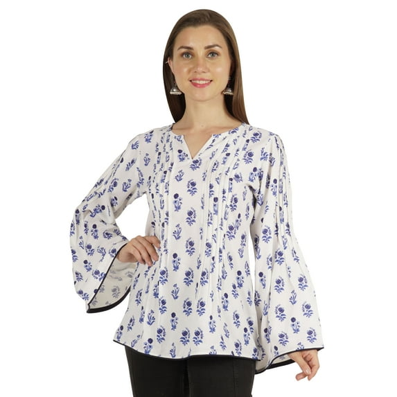 Moomaya Printed Top Full Sleeve Pleated Rayon Kurta Short Tunic Summer Blouse For Women