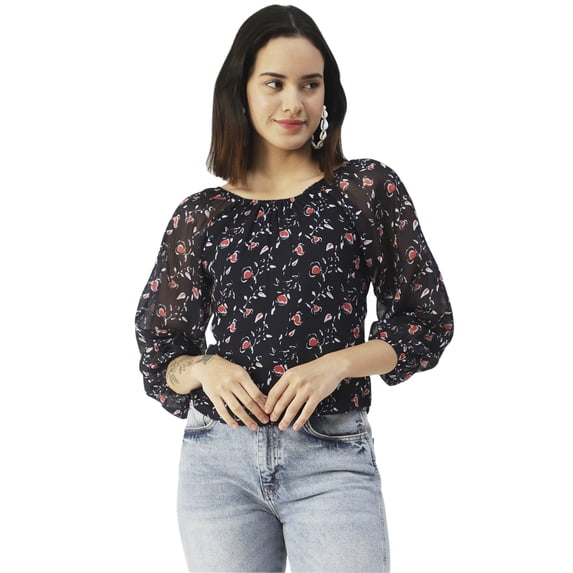Moomaya Printed Top, Round Neck Sheer Long Sleeve Tops For Women