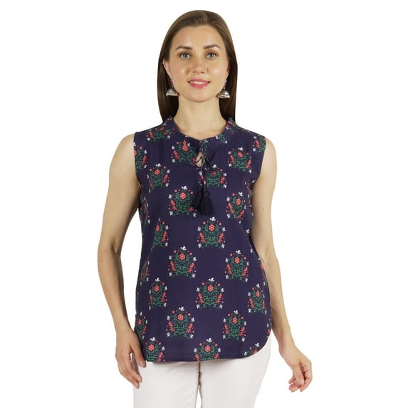 Moomaya Printed Tops For Women Cotton Ruffled Collar Sleeveless Casual Ethnic Tunic