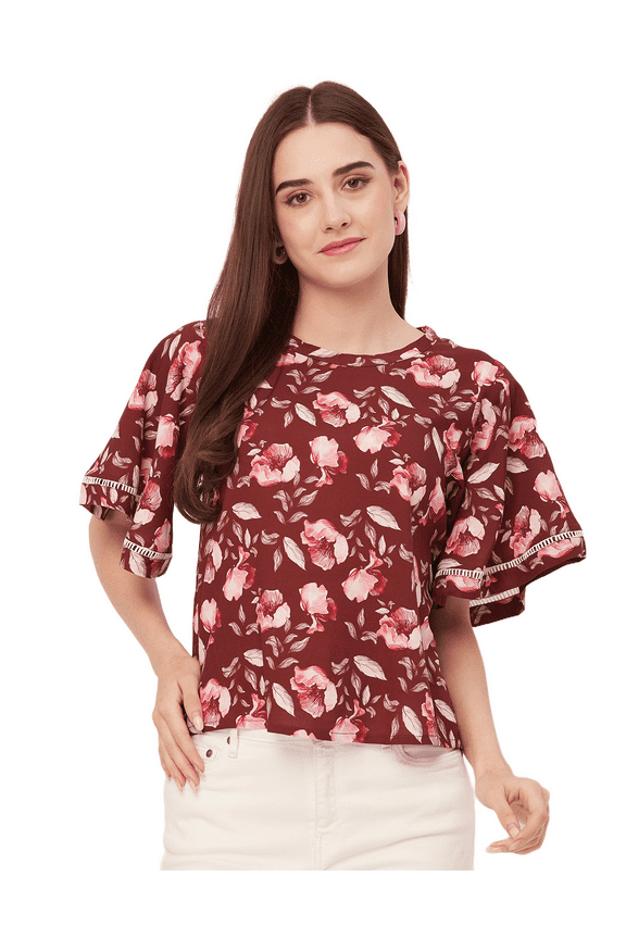 Printed Tops For Women, Lace Flutter Sleeve Viscose Casual Top