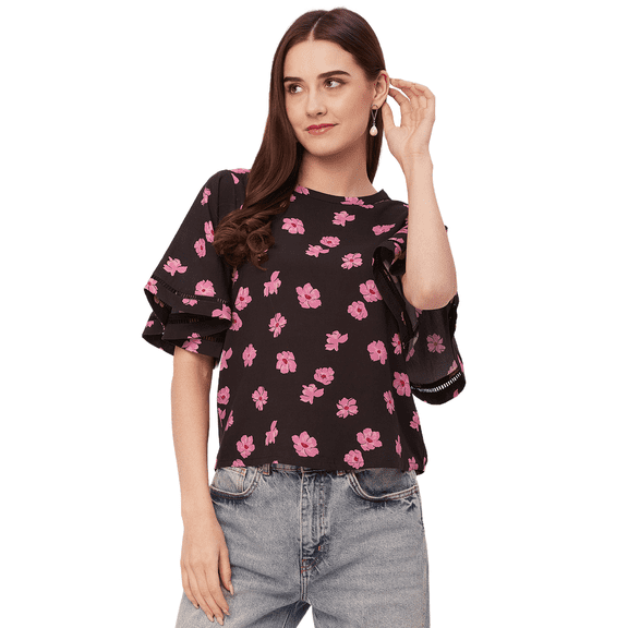 Moomaya Printed Tops For Women, Lace Flutter Sleeve Viscose Casual Top