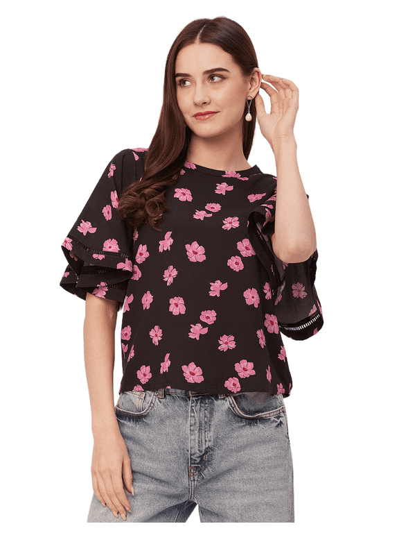 Printed Tops For Women, Lace Flutter Sleeve Viscose Casual Top