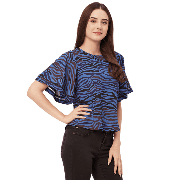 Moomaya Printed Tops For Women, Lace Flutter Sleeve Viscose Casual Top