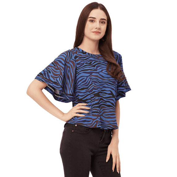Moomaya Printed Tops For Women, Lace Flutter Sleeve Viscose Casual Top