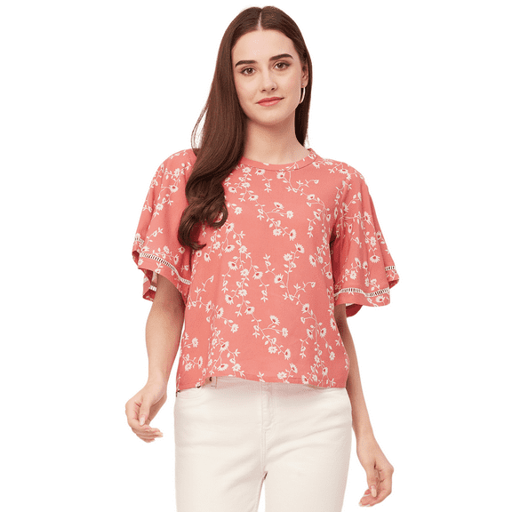 Moomaya Printed Tops For Women, Lace Flutter Sleeve Viscose Casual Top