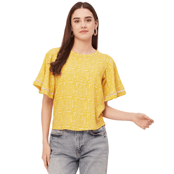 Moomaya Printed Tops For Women, Lace Flutter Sleeve Viscose Casual Top