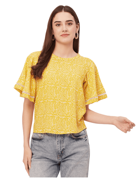 Printed Tops For Women, Lace Flutter Sleeve Viscose Casual Top