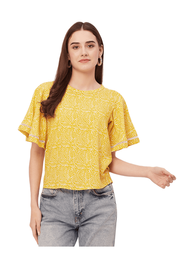 Printed Tops For Women, Lace Flutter Sleeve Viscose Casual Top
