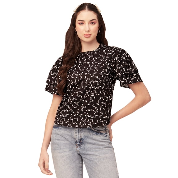 Moomaya Printed Tops For Women Round Neck Flutter Sleeve Poly Crepe Tunic Top