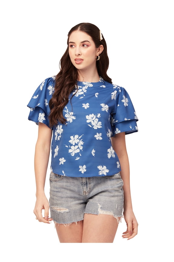 Printed Tops For Women Round Neck Flutter Sleeve Poly Crepe Tunic Top