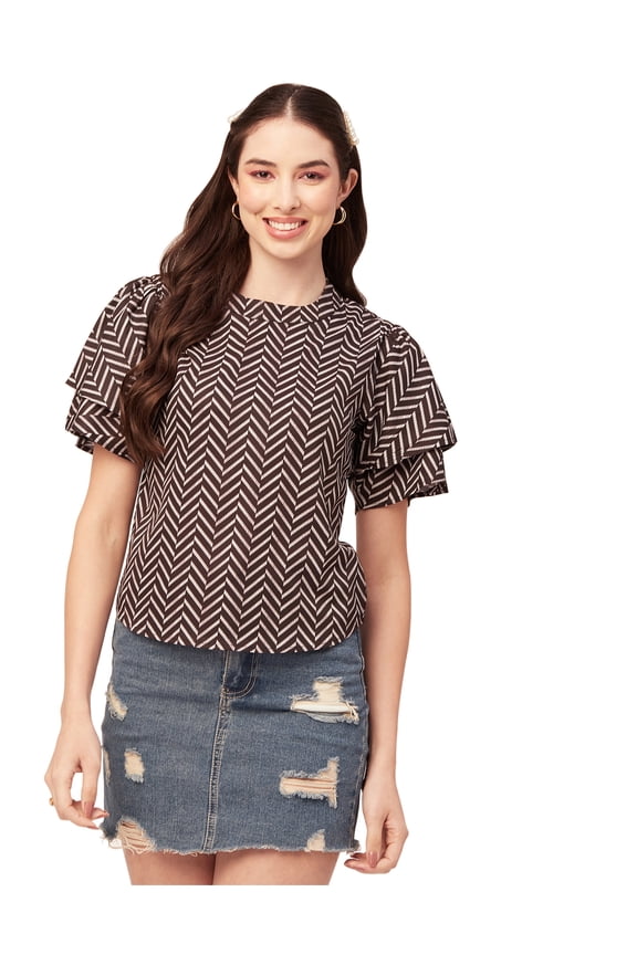 Printed Tops For Women Round Neck Flutter Sleeve Poly Crepe Tunic Top