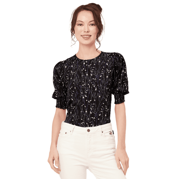 Moomaya Printed Tops For Women, Smocked Short Sleeve Round Neck Casual Tunic Top