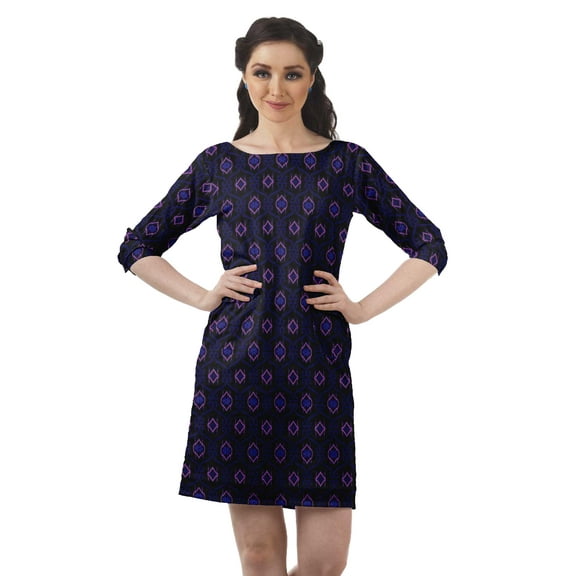 Moomaya Printed Tunic Dresses Women Back Slit 3/4 Sleeve Dress With Pockets
