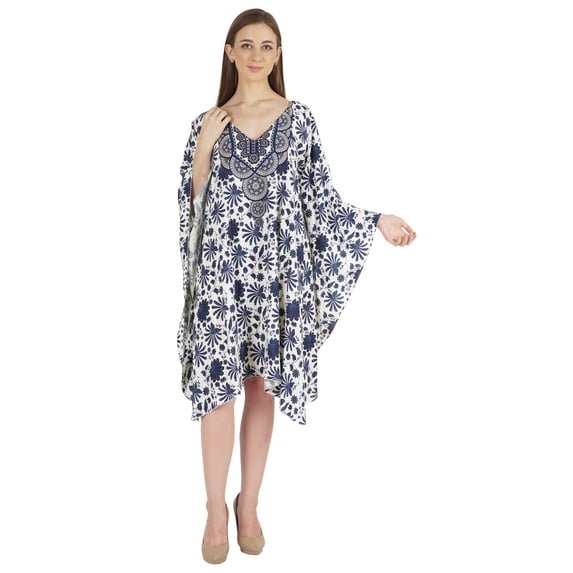Moomaya Printed Tunic Kaftan Dress For Women Kimono Sleeves Loungewear Coverup Caftan Dress