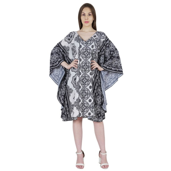 Moomaya Printed Tunic Kaftan Dress For Women Kimono Sleeves Loungewear Coverup Caftan Dress