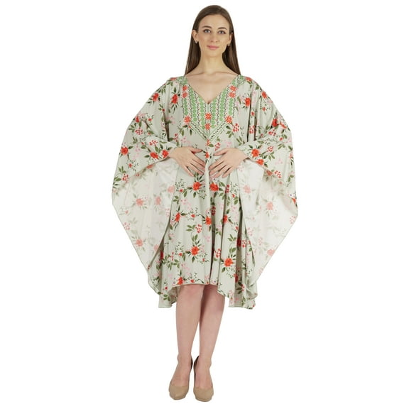 Moomaya Printed Tunic Kaftan Dress For Women Kimono Sleeves Loungewear Coverup Caftan Dress