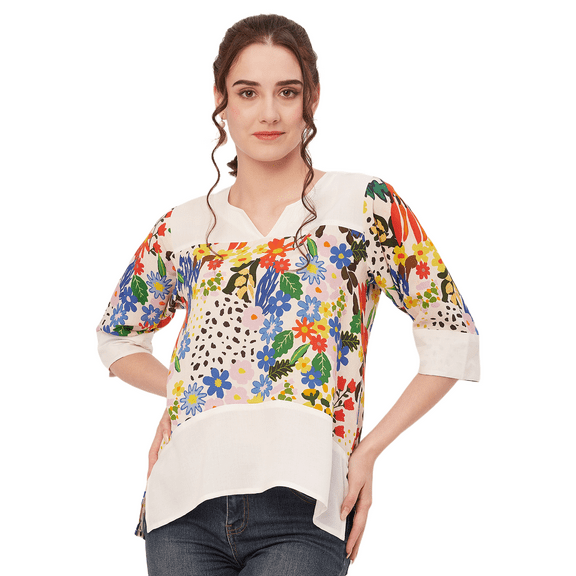 Moomaya Printed Tunic Tops For Women, Quarter Sleeve, High Low Hem Casual Top Tee