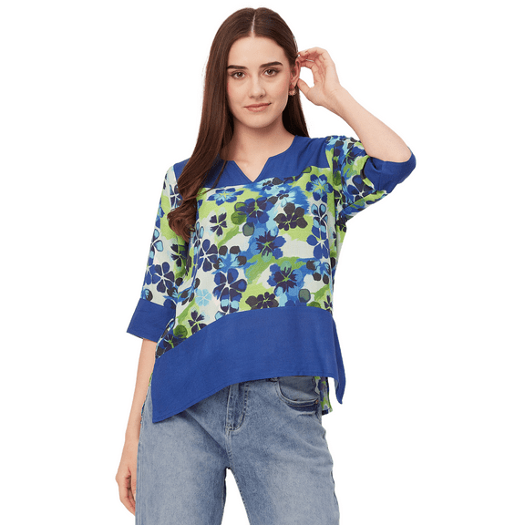 Moomaya Printed Tunic Tops For Women, Quarter Sleeve, High Low Hem Casual Top Tee