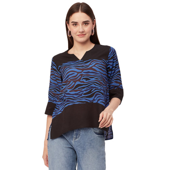 Moomaya Printed Tunic Tops For Women, Quarter Sleeve, High Low Hem Casual Top Tee