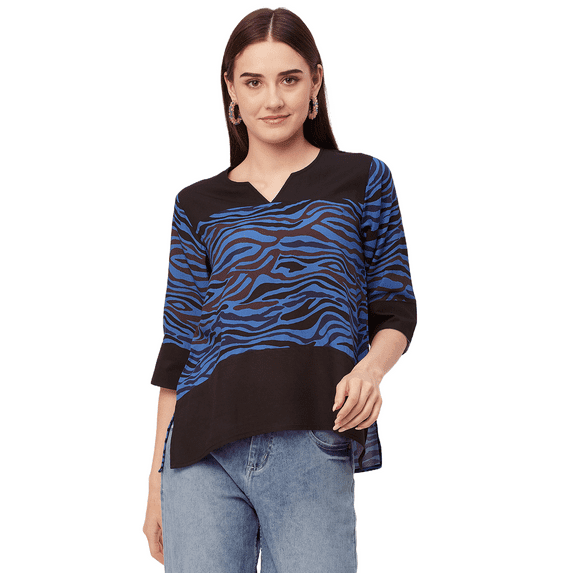 Moomaya Printed Tunic Tops For Women, Quarter Sleeve, High Low Hem Casual Top Tee