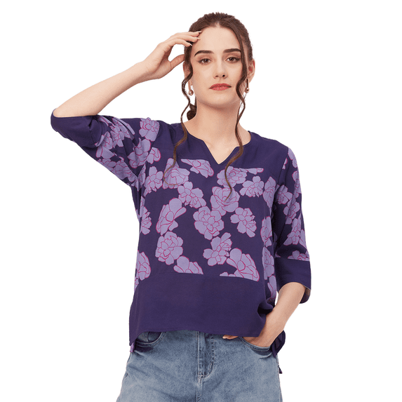 Moomaya Printed Tunic Tops For Women, Quarter Sleeve, High Low Hem Casual Top Tee