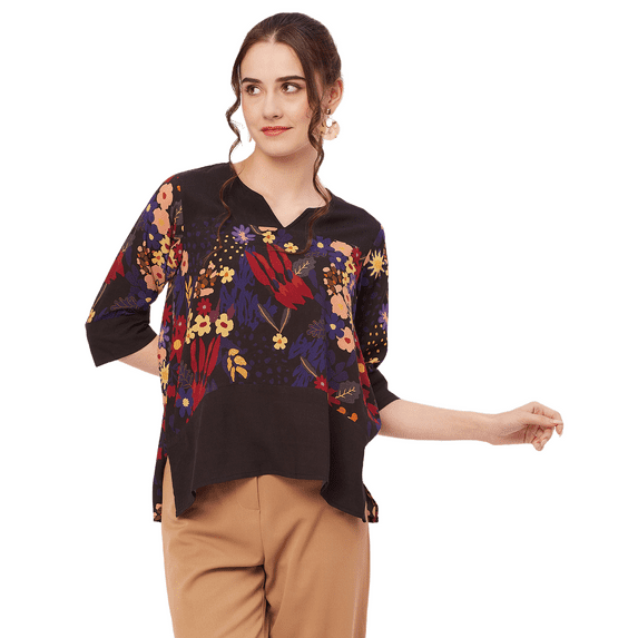 Moomaya Printed Tunic Tops For Women, Quarter Sleeve, High Low Hem Casual Top Tee