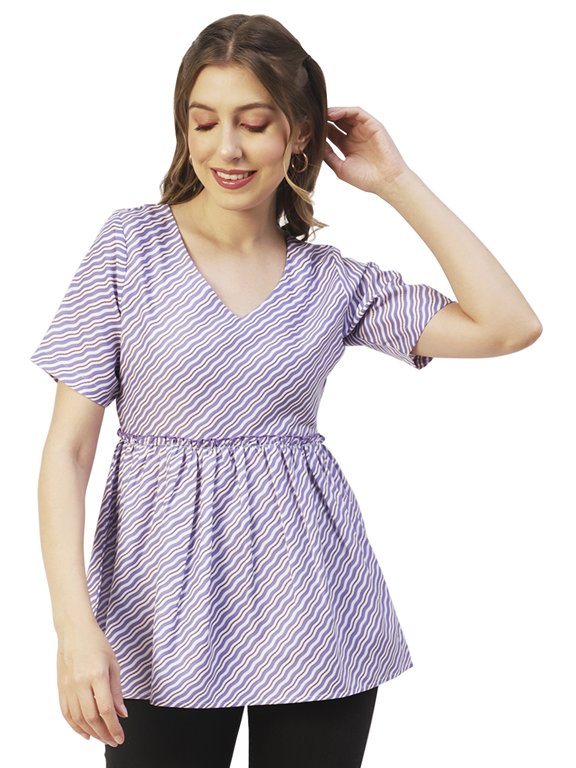 Printed V-Neck Flared Long Top, Womens Casual Summer Tunic For Jeans