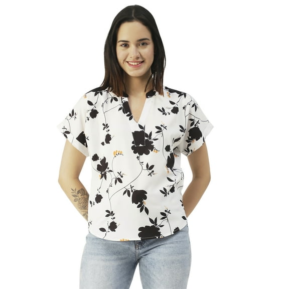 Moomaya Printed V-Neck Long Tops For Women, Short Sleeve Regular Fit Shirt