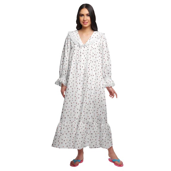 Moomaya Printed V-Neck Sleepwear Cotton Ruffled Border WoMen's Maxi Nightdress