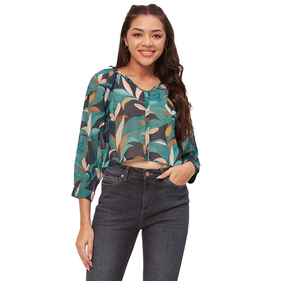 Moomaya Printed V-Neck Tops For Women, 3/4Th Sleeve Sheer Summer Tunic Shirt