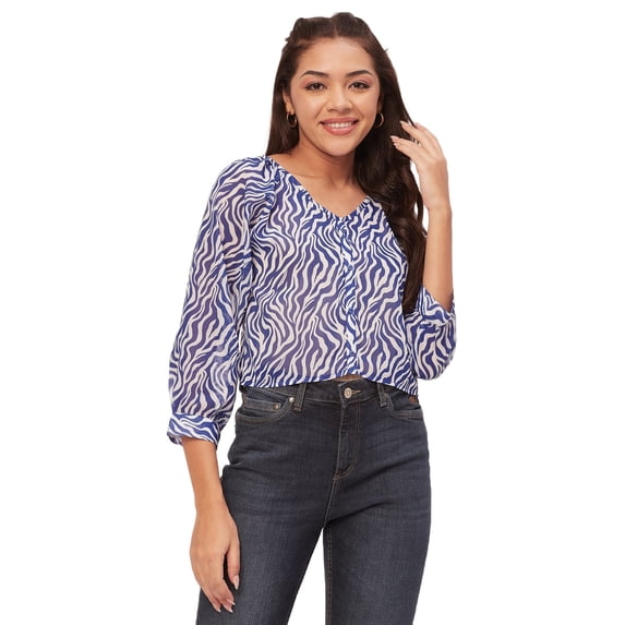 Moomaya Printed V-Neck Tops For Women, 3/4Th Sleeve Sheer Summer Tunic Shirt