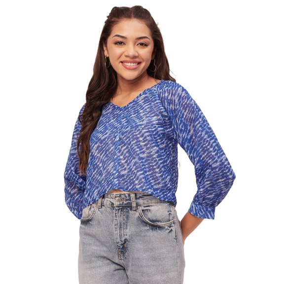 Moomaya Printed V-Neck Tops For Women, 3/4Th Sleeve Sheer Summer Tunic Shirt