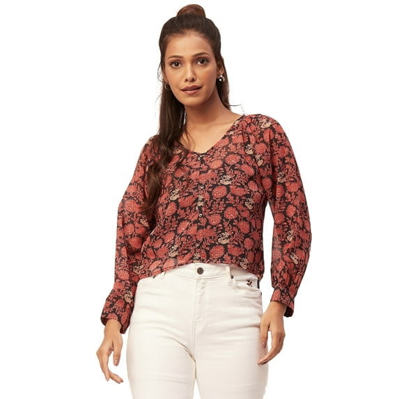 Moomaya Printed V-Neck Tops For Women, 3/4Th Sleeve Sheer Summer Tunic Shirt