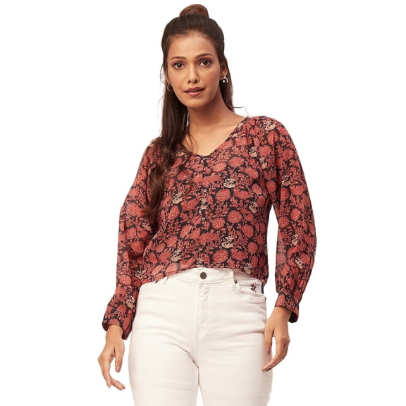 Moomaya Printed V-Neck Tops For Women, 3/4Th Sleeve Sheer Summer Tunic Shirt