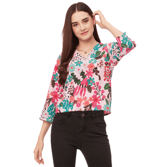 Moomaya Printed V-Neck Tops For Women, Quarter Sleeve Regular Fit Casual Tunic Top