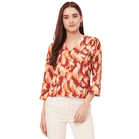 Moomaya Printed V-Neck Tops For Women, Quarter Sleeve Regular Fit Casual Tunic Top