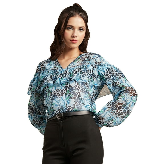 Moomaya Printed V-Neck Tops For Women, Ruffle Full Sleeve Sheer Summer Tunic Top