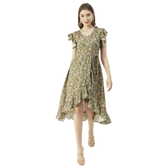 Moomaya Printed Viscose Front Slit Ruffle Dress, Summer Resort Wear Women Clothing