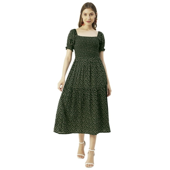 Moomaya Printed Viscose Rayon Summer Dress, Square Neck Smocked Long Dress