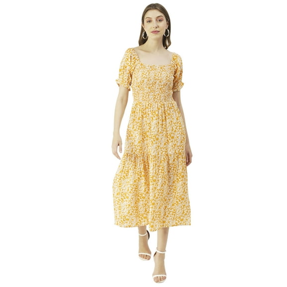 Moomaya Printed Viscose Rayon Summer Dress, Square Neck Smocked Long Dress