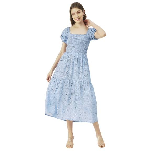 Moomaya Printed Viscose Rayon Summer Dress, Square Neck Smocked Long Dress
