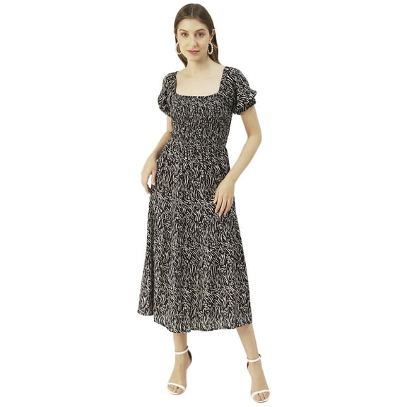 Moomaya Printed Viscose Rayon Summer Dress, Square Neck Smocked Long Dress