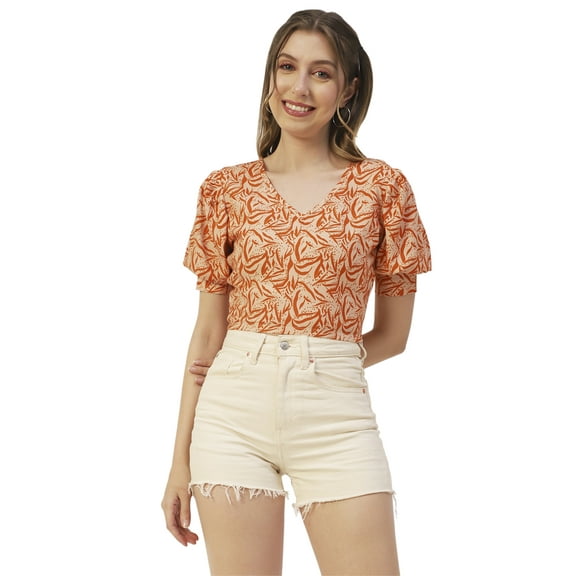 Moomaya Printed Viscose Rayon Top, V Neck Short Sleeves Summer Top For Women