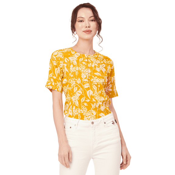 Moomaya Printed Viscose Summer Top For Women, Round Neck Short Sleeves Casual Top