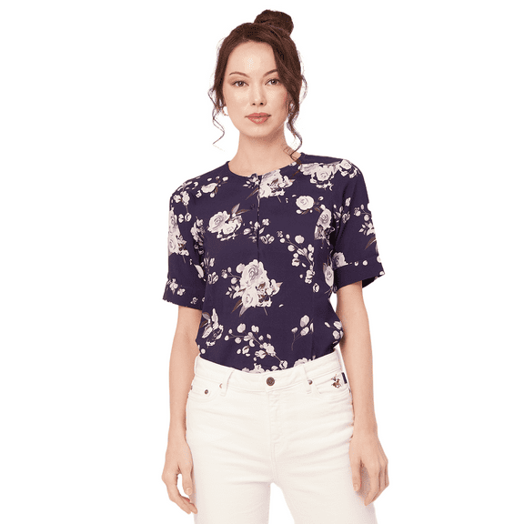 Moomaya Printed Viscose Summer Top For Women, Round Neck Short Sleeves Casual Top