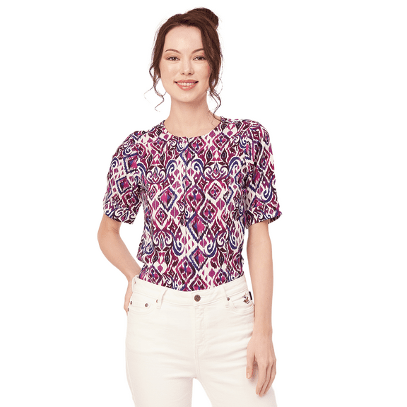 Moomaya Printed Viscose Summer Top For Women, Round Neck Short Sleeves Casual Top