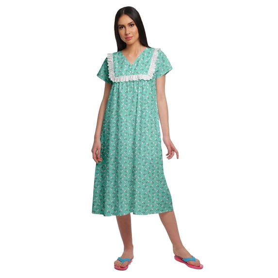 Moomaya Printed WoMen's Lace Neckline Nightdress Short Sleeve Nightwear