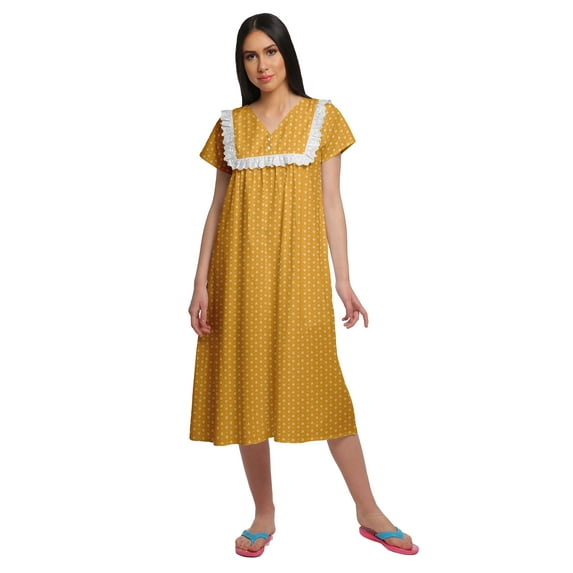 Moomaya Printed WoMen's Lace Neckline Nightdress Short Sleeve Nightwear